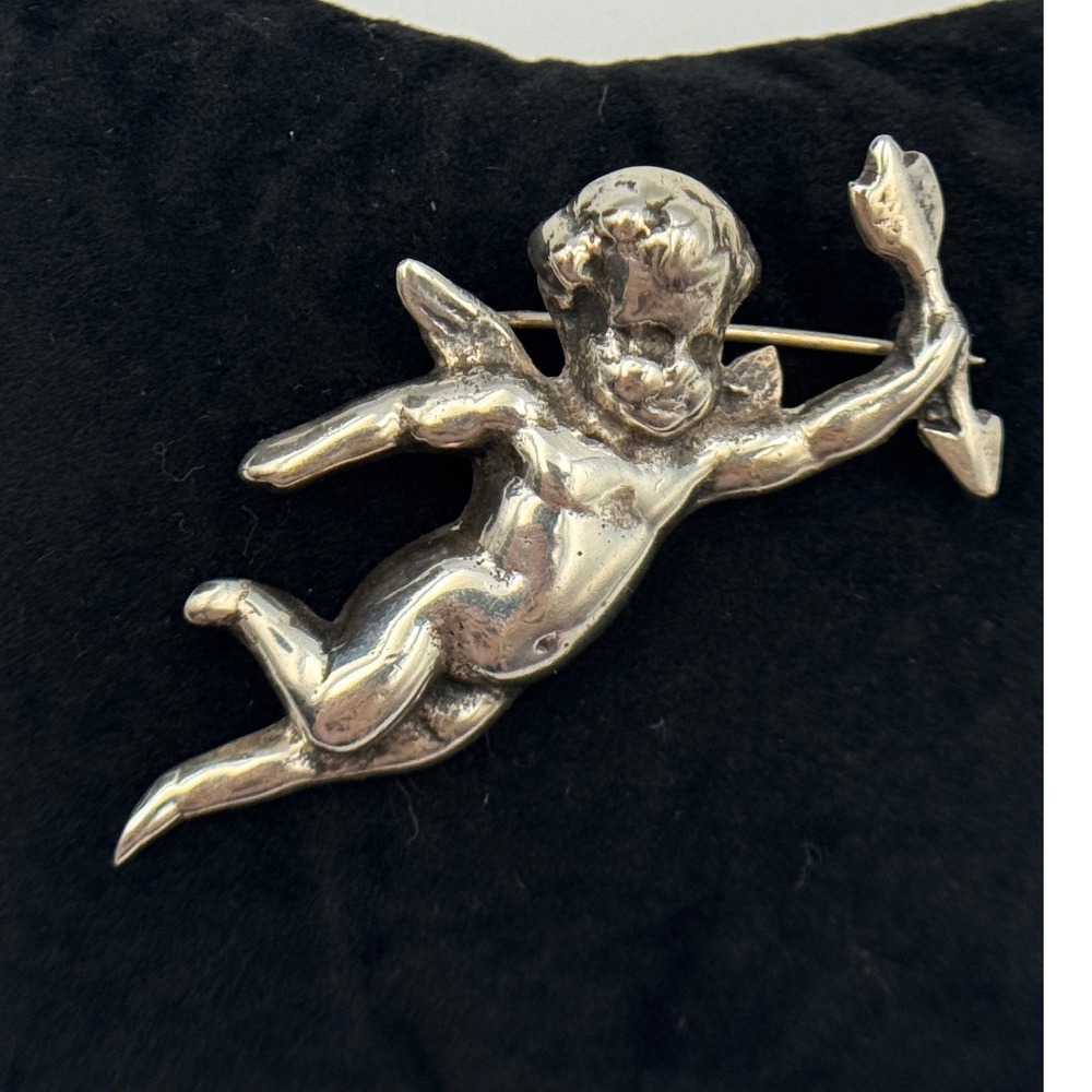 Vintage Sterling Silver Flying Cherub Angel Brooch Pin 3D Cupid Bow & Arrow